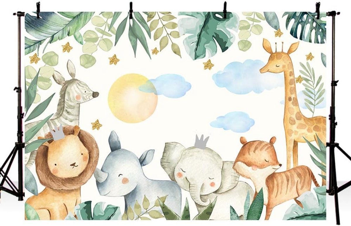 8x6ft Wild Achtergrond voor Jongens met Bosdieren zoals Olifant, Leeuw en Giraffe - Fotografie Achtergrond voor Babyshower en Verjaardagsfeest Decoraties en Foto Booth Props