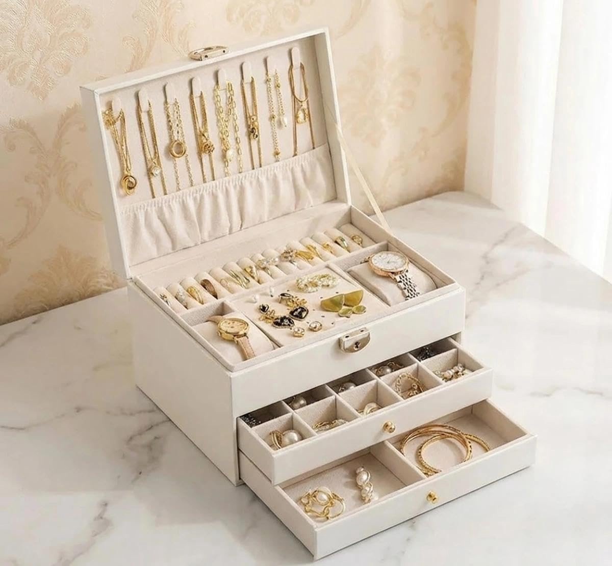 Lagen juwelendoos voor meisjes met 3 niveaus, slot en 2 lades voor sieraden, armbanden, ringen en oorbellen in parelwit