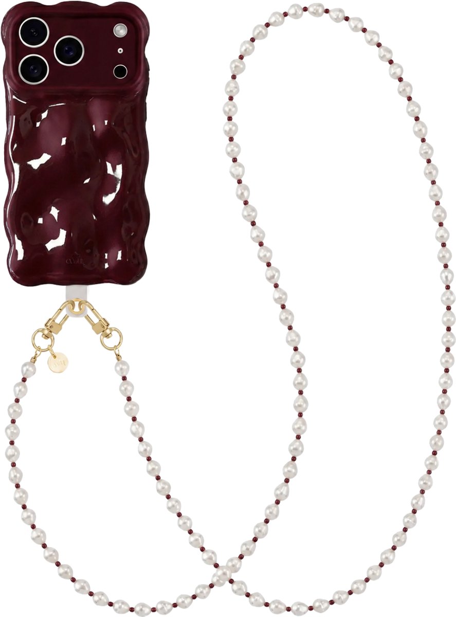 xoxo Wildhearts Bubbly case Burgundy - Burgundy Pearl (lang koord) - geschikt voor iPhone 17 Pro Max - Hoesje met telefoonkoord - golvend hoesje met kralenketting - Telefoonhoesje met afneembaar koord - schokbestendig - Bordeaux rood / Burgundy