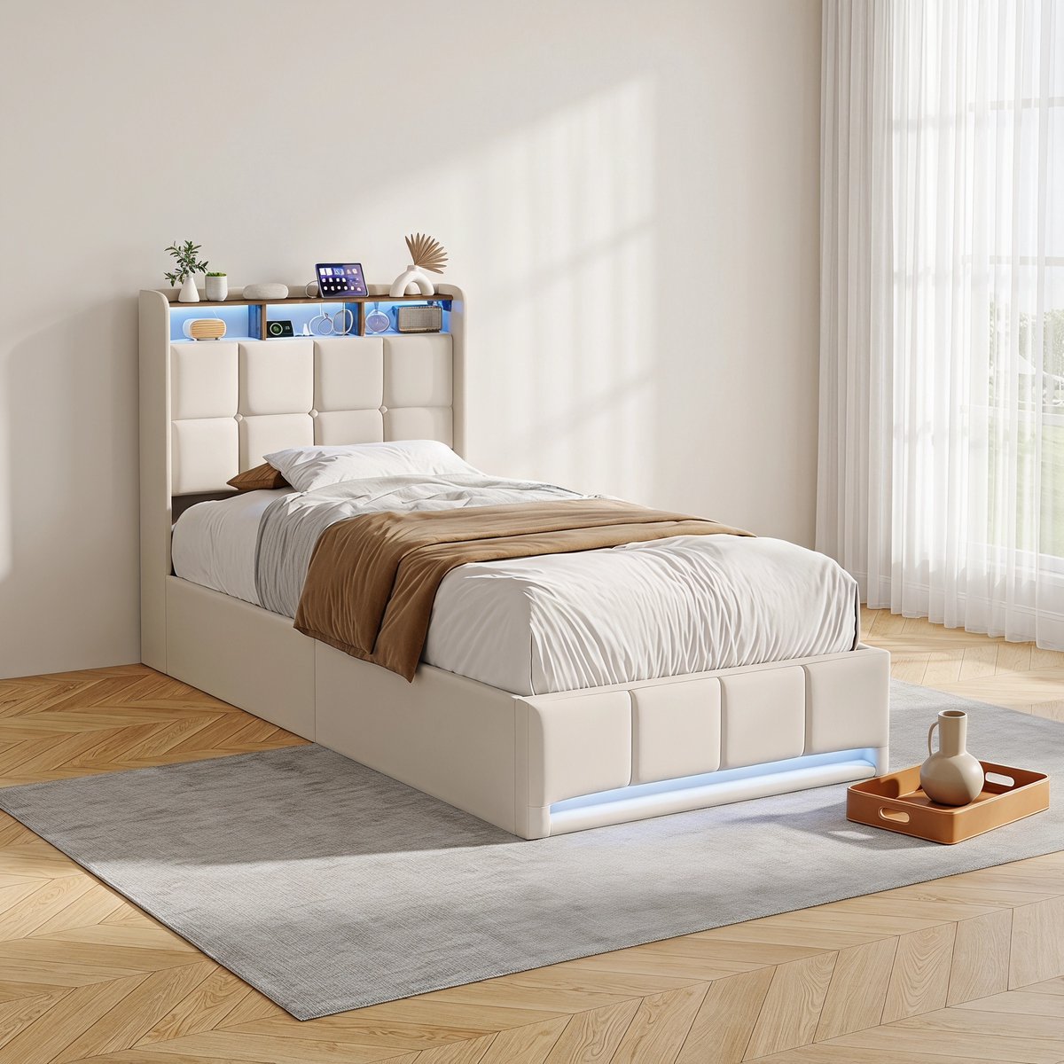 MEXUS 90 x 200 cm Bed met Lattenbodem, LED USB-Opbergruimte, Hydraulisch Tweepersoonsbed, Hoofdbord met Opbergruimte, Geschikt Smart Ambiance Opladen Slaapentertainment (Beige, 90 x 200 cm)