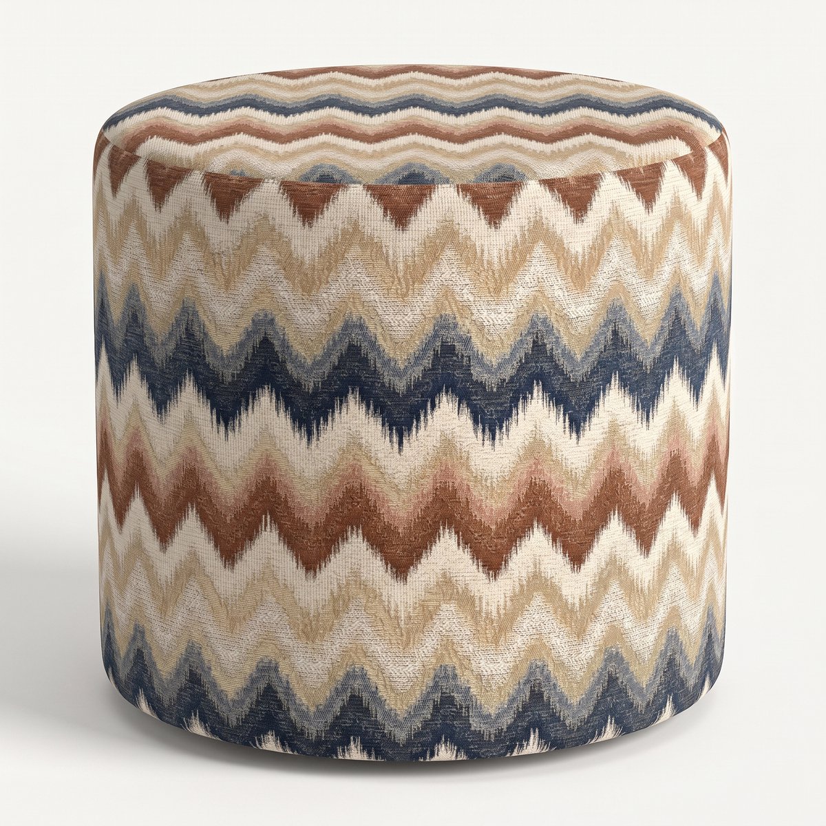 Mörgenn Poef Zigzag Terra Blue - Ronde Poef en Voetenbank - Chevron Geweven - 45x45x50 cm
