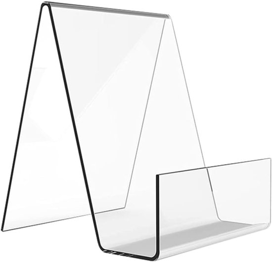 Transparante acryl boekensteun in A-vorm met een horizontale plank om boeken rechtop te zetten.