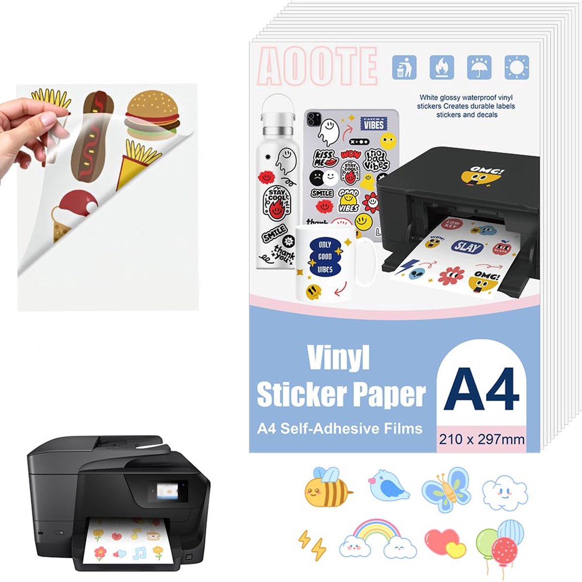 AOOTE bedrukbaar stickerpapier,12 vellen Afdrukbaar vinylstickerpapier,bedrukbaar vinylstickerpapier helder en - ShopVlot