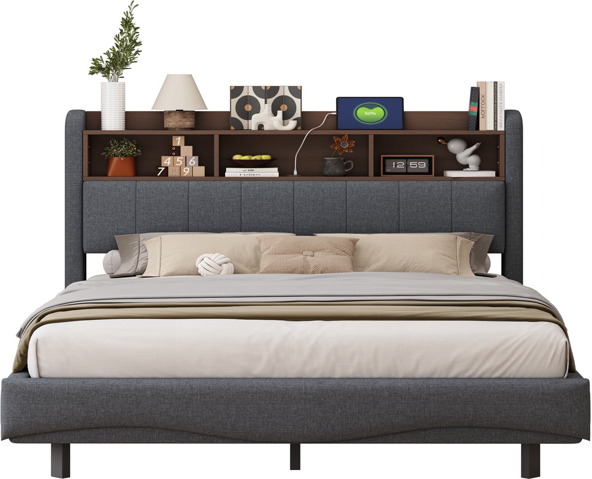 Zwevend Bed - Gestoffeerd Bed - LED Verlichting - USB en Type-C - Opbergruimte Hoofdbord - Slaapkamer - 160x200 cm - Grijs-Matras niet inbegrepen