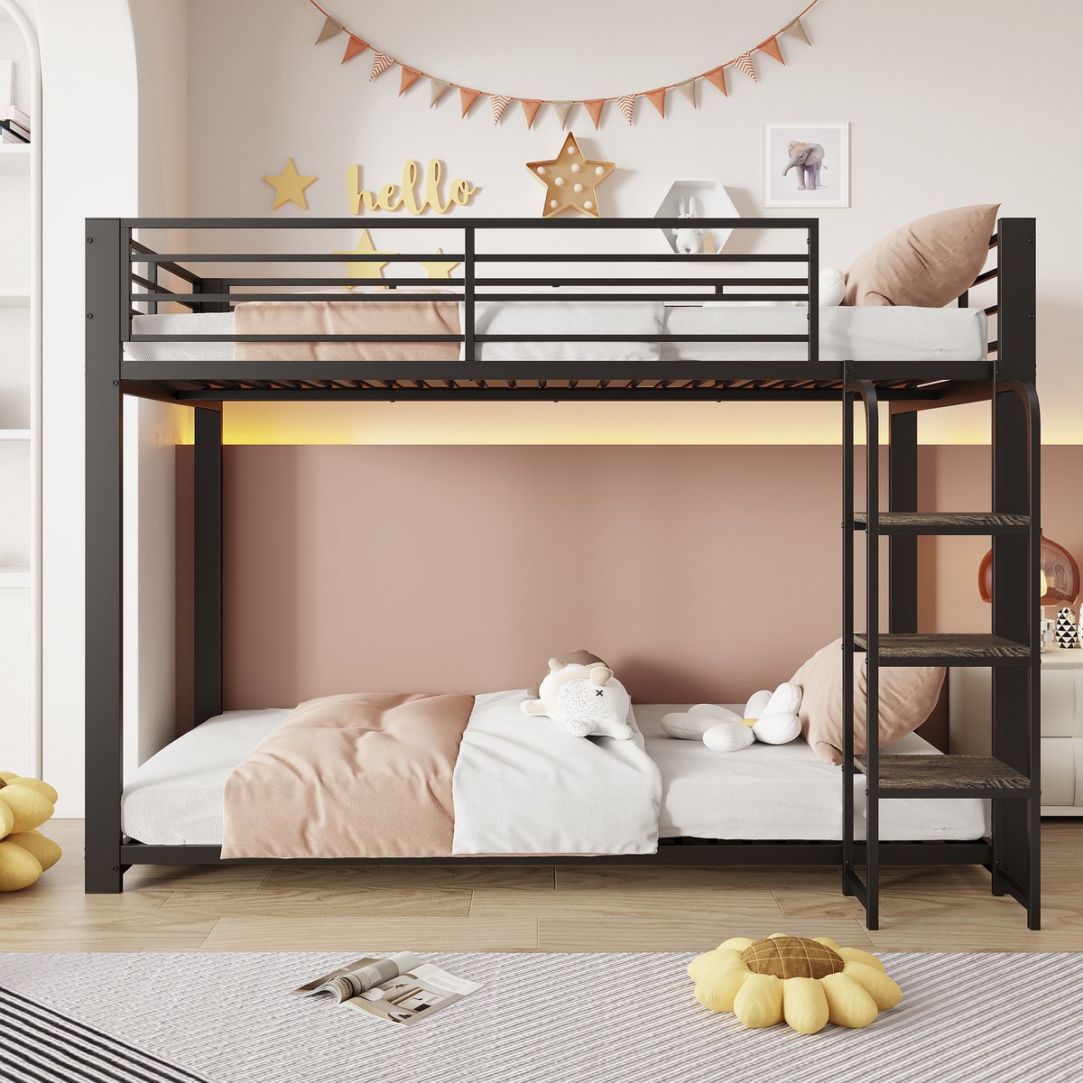 Stapelbed 90x200 cm - Veilige Houten Treden En Veiligheidsrek - Voor Kinderen - Metaal En MDF - Zwart - Zonder Matras