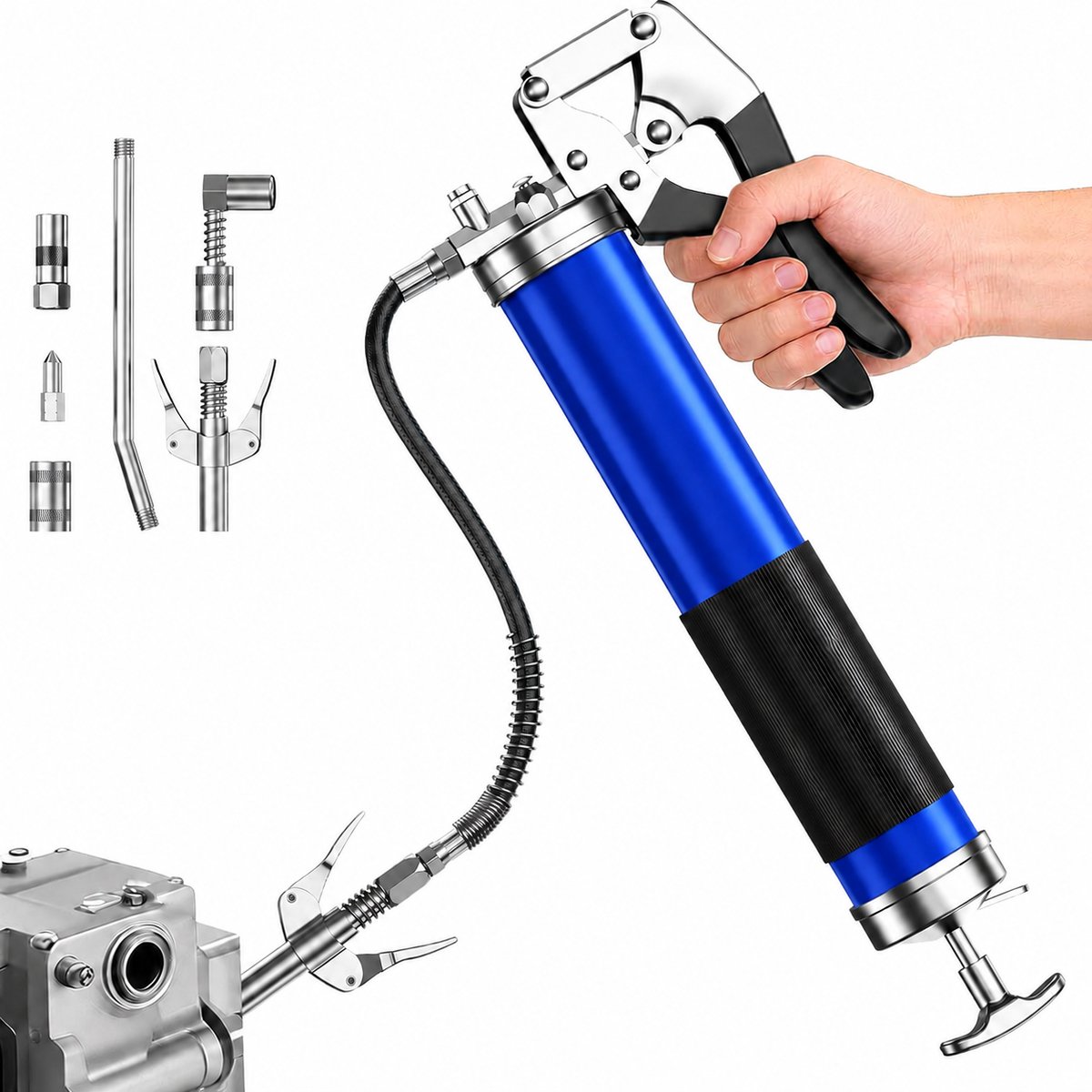 Vetspuit – Eenhands Vetspuit 400 cc met Pistoolgreep – Handmatige Vetspuit ca. 6000 PSI – Vetpistool met Flexibele Slang, Metalen Buis, Vergrendelkoppeling en 90° Adapter – Vetpers voor Auto, Graafmachine en Machines – Blauw