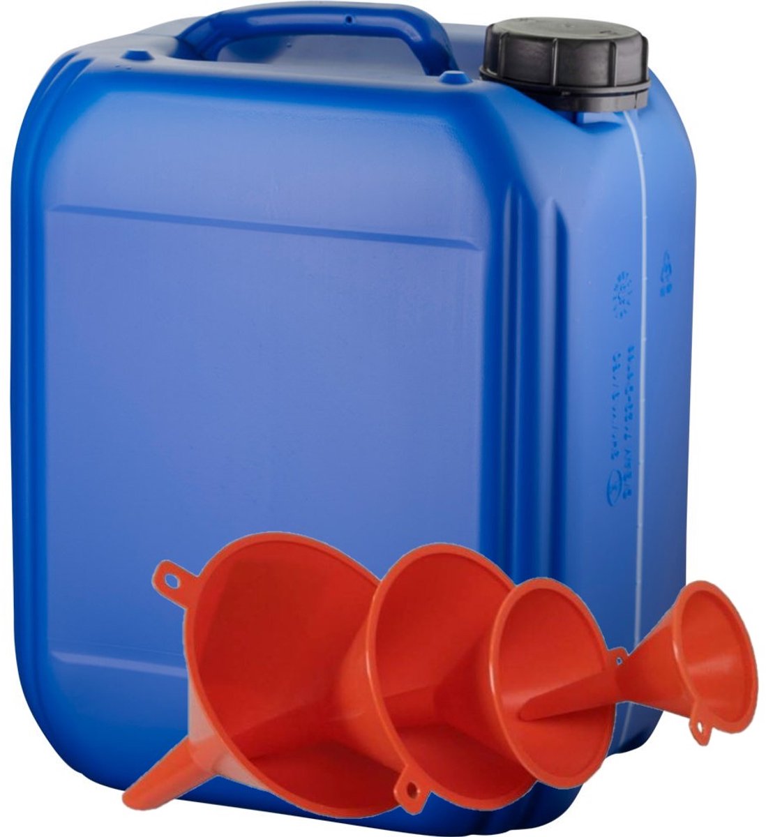 Jerrycan 5 liter blauw met zichtstreep | met 4-delige trechterset | geschikt voor water | UN gekeurd | benzine | handig stapelbaar | food grade | inclusief dop | totaal te legen | noodpakket