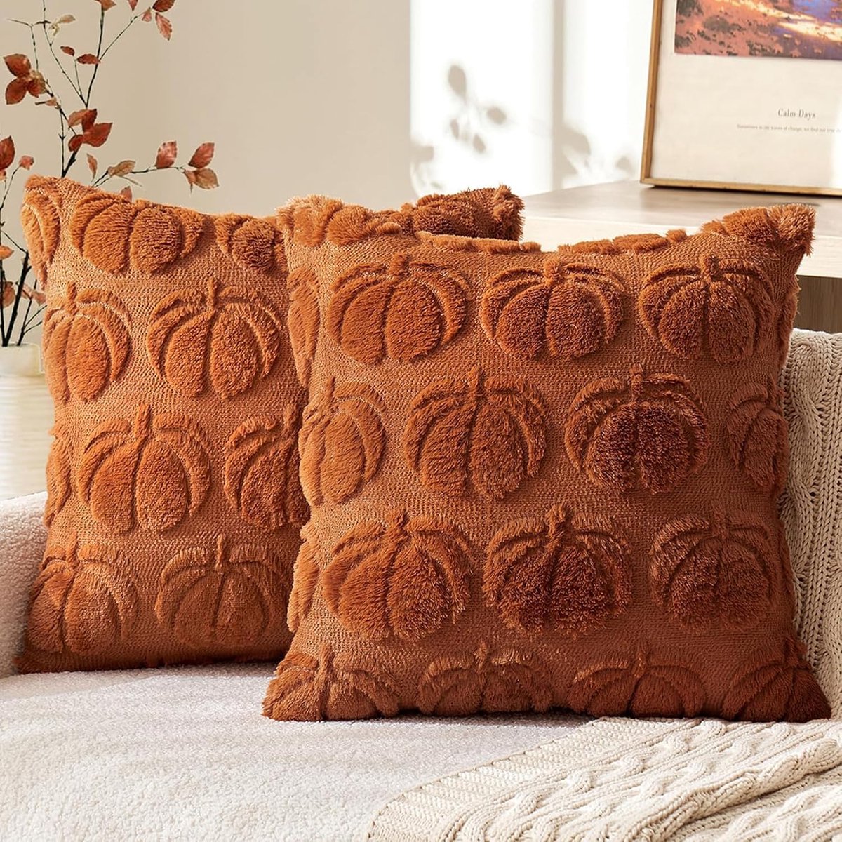 2 kussens kleine pompoen kussens set, kussens set pompoen herfst patroon 45 x 45 cm kussen, moderne herfst decoratie, interieur esthetiek, interieur.