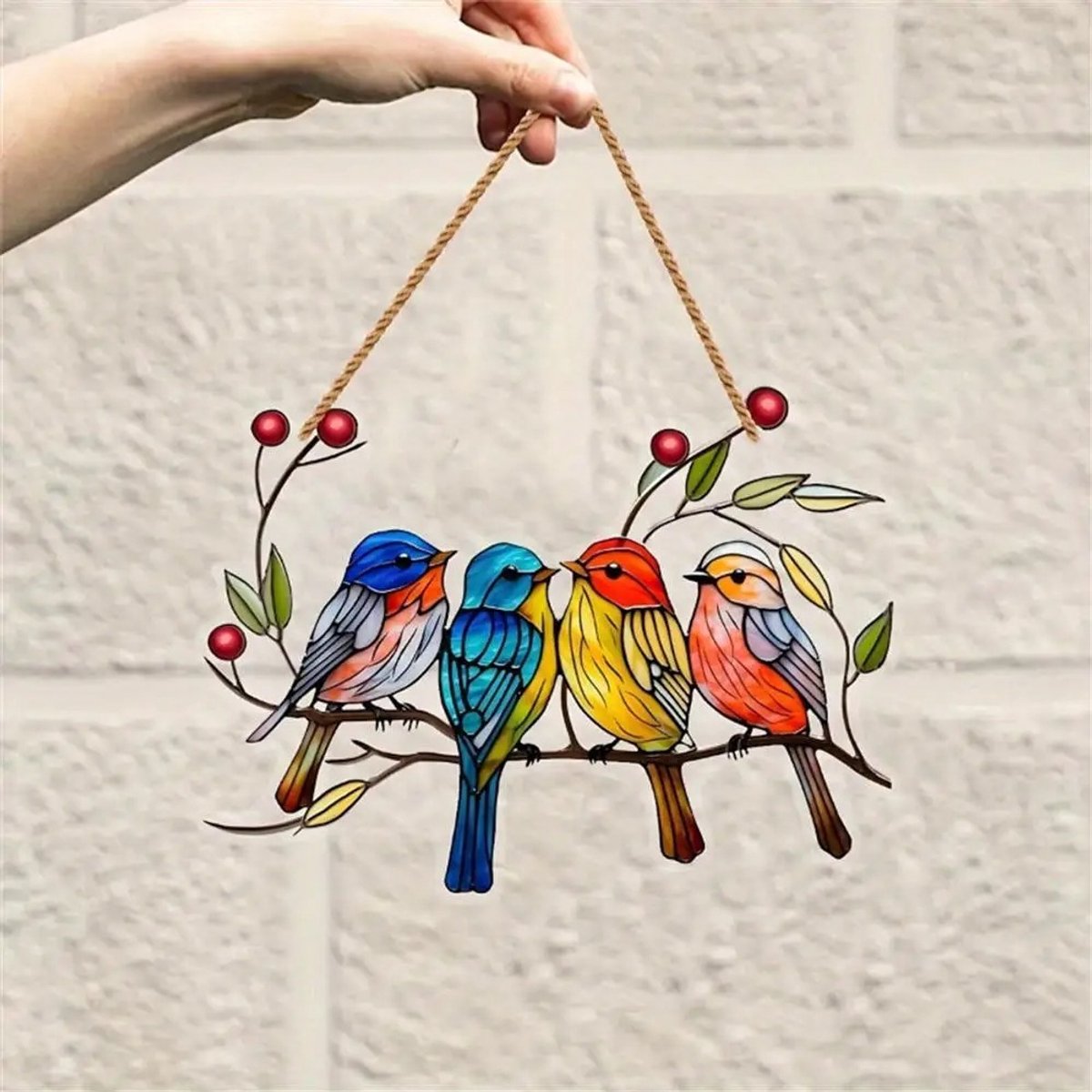 Suncatcher Vogels op Tak - Kleurrijke Acryl Raamdecoratie Hanger - Glas-in-lood Stijl - 8 cm - Zonnevanger & Kersthanger