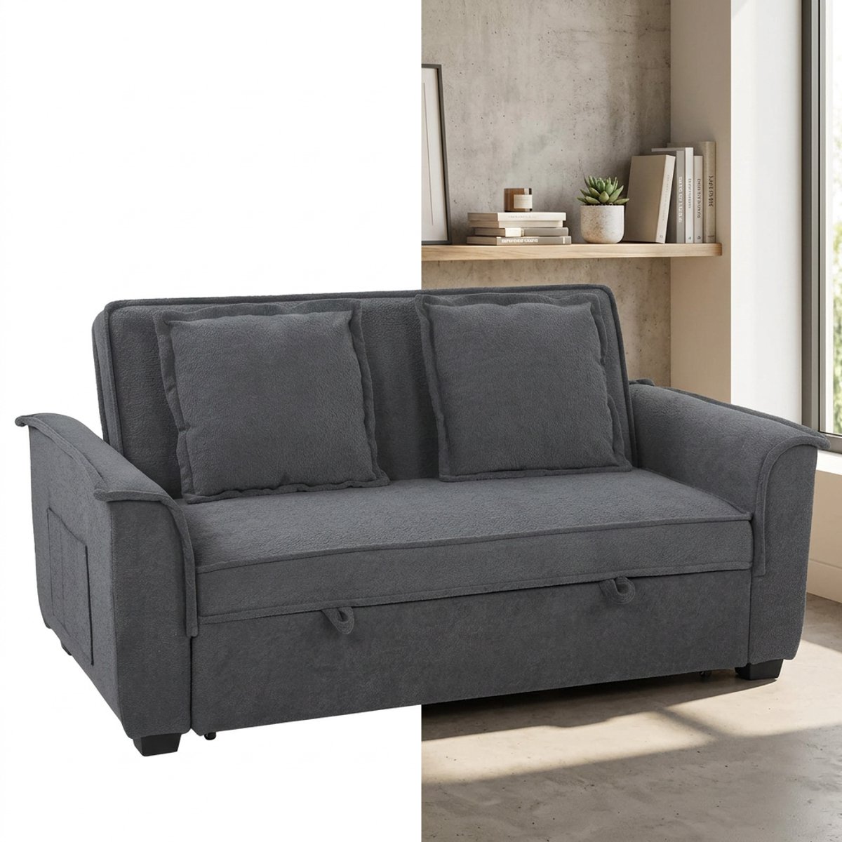 Slaapbank - Uitklapbaar - Slaapstoel - Logeerbed - Zetelbed - Slaapfauteuil - Vouwbed - 2 persoons - Zeer comfortabel - Donkergrijs + Zwart