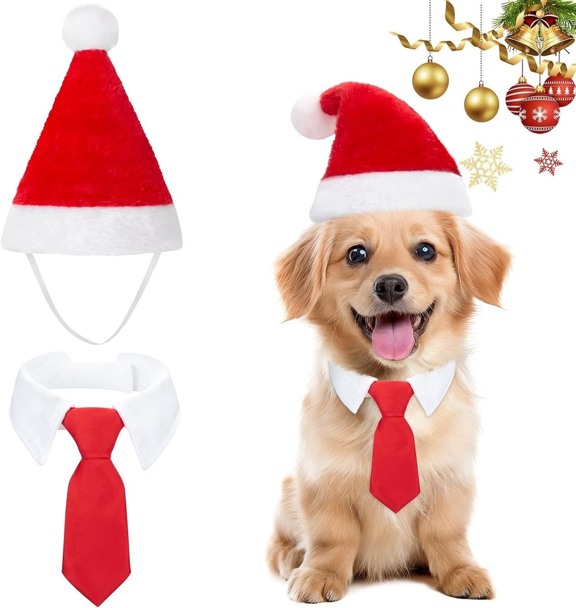 2 Stuks Kerst Outfit voor Huisdieren, Verstelbare Kerstman Hoed en Stropdas Set voor Honden en Katten, Feestelijke Kostuums en Cosplay Accessoires