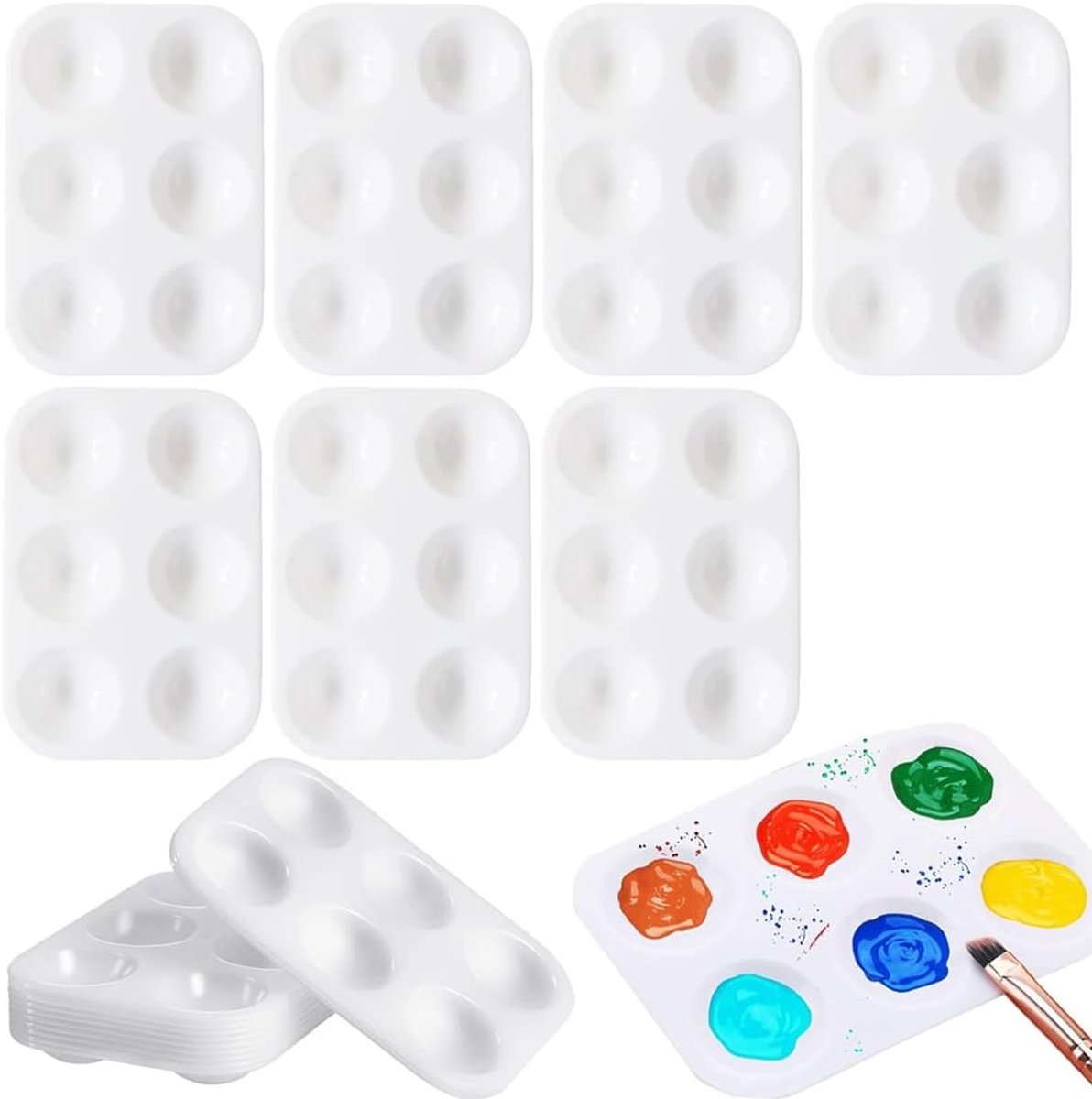 Verfpalet met deksel - Wit - 12,5 x 8,7 cm - Herbruikbaar Plastic Palet met 6 Putten - Voor Schilderen en Ambacht