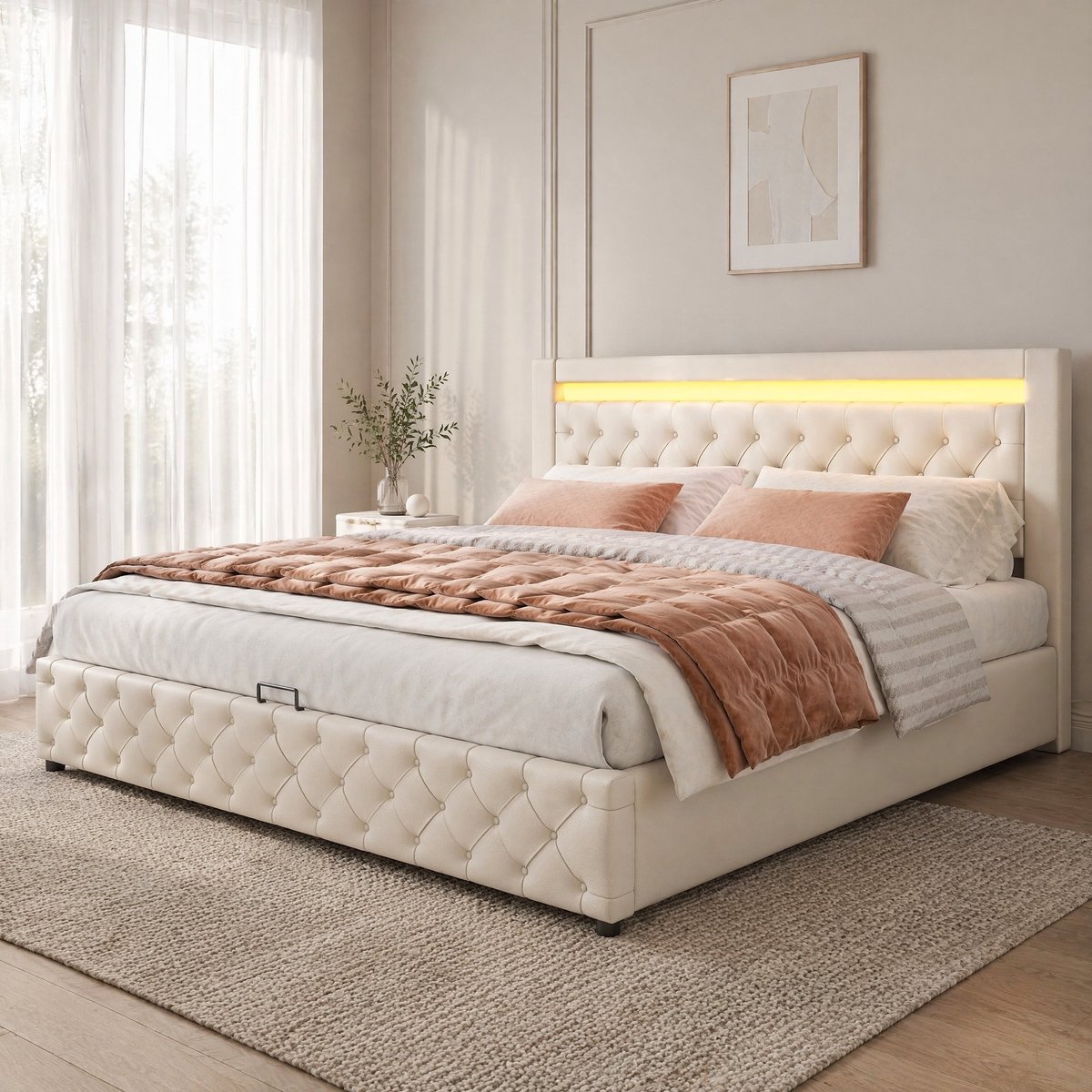 COVREO Stofbed met opbergruimte en LED-verlichting – 180x200 cm – Bedframe met lattenbodem – voor volwassenen – Wit - zonder matras