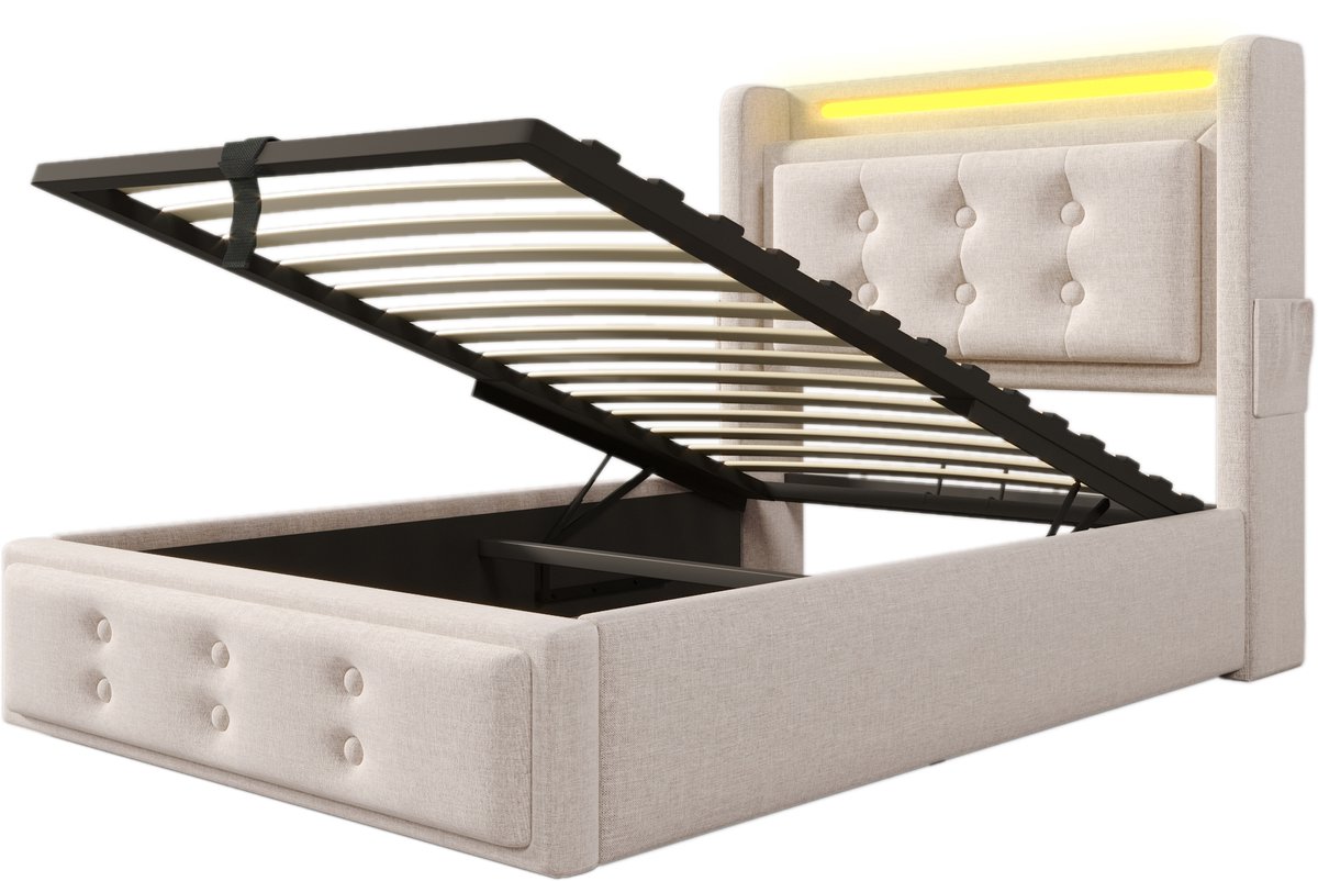 WUVRIE Normaal bed 90x200 cm met LED, USB-C en opbergruimte, beige