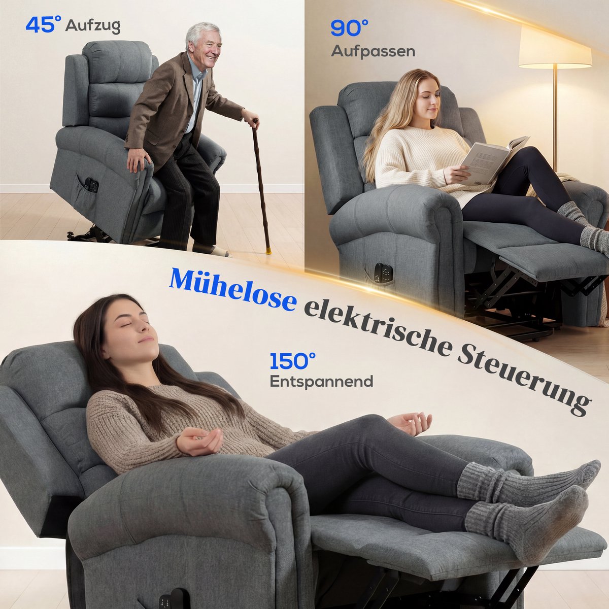 HOMCOM Sta-op Fauteuil met Massage en Verwarming - Relaxstoel - Tv-fauteuil - Ligstoel - Grijs – foto 4