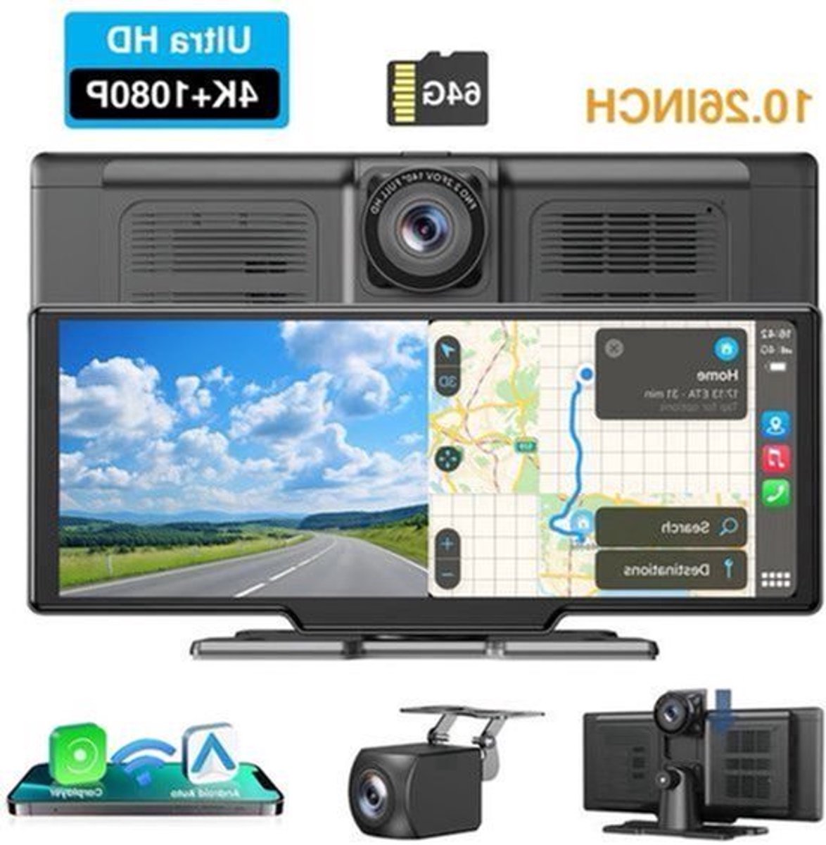 Dashcam – Auto Camera – Multimediasysteem – Recorder – Achteruitrijcamera – 10,26 Inch IPS Touchscreen – 4K Voorcamera & 1080p Achtercamera – Draadloze CarPlay & Android Auto – 64GB Geheugenkaart