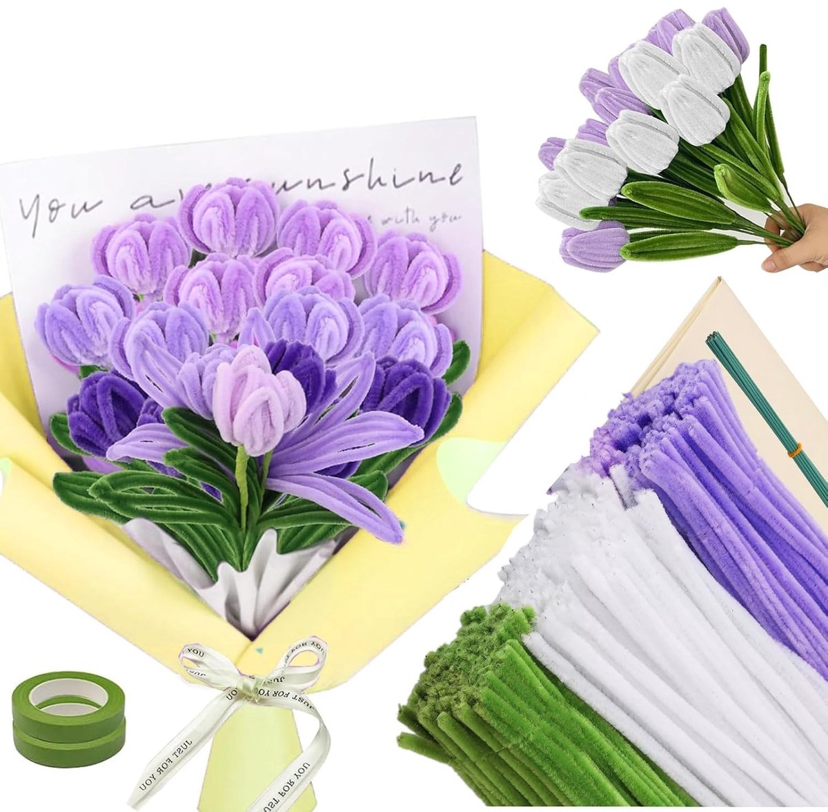 Set van 300 Stuks Pijpenragers voor Creatieve Klussen, Inclusief Lijm, Tape en Kleurpoeder voor DIY Bloemboeketten in Paars