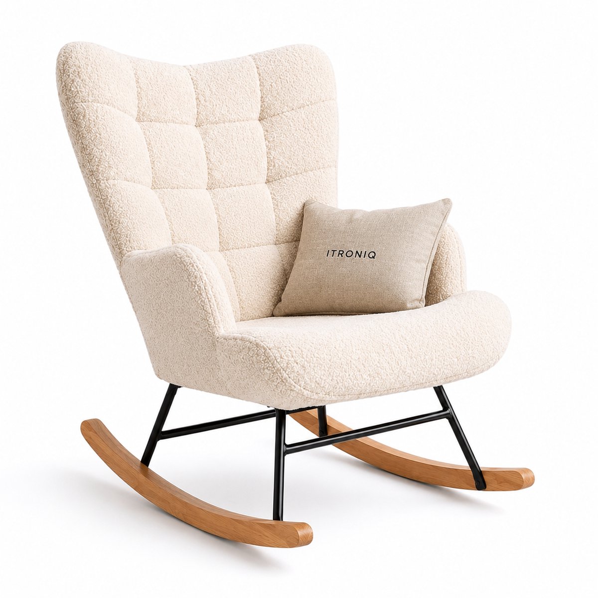 ITRONIQ Teddy Schommelstoel - Moderne Lounge Fauteuil Met Houten Poten - Zachte Relax Chair Voor Woonkamer en Babykamer - Cream Creme