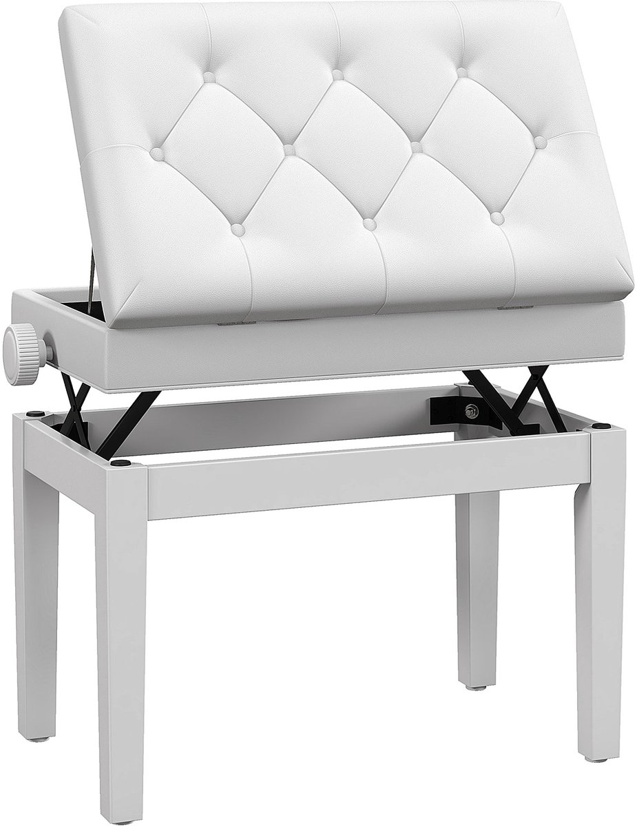 Pianobank - in hoogte verstelbare keyboardbank van massief hout - met opbergvak - 55 x 33 x 48 - 58 cm - wit