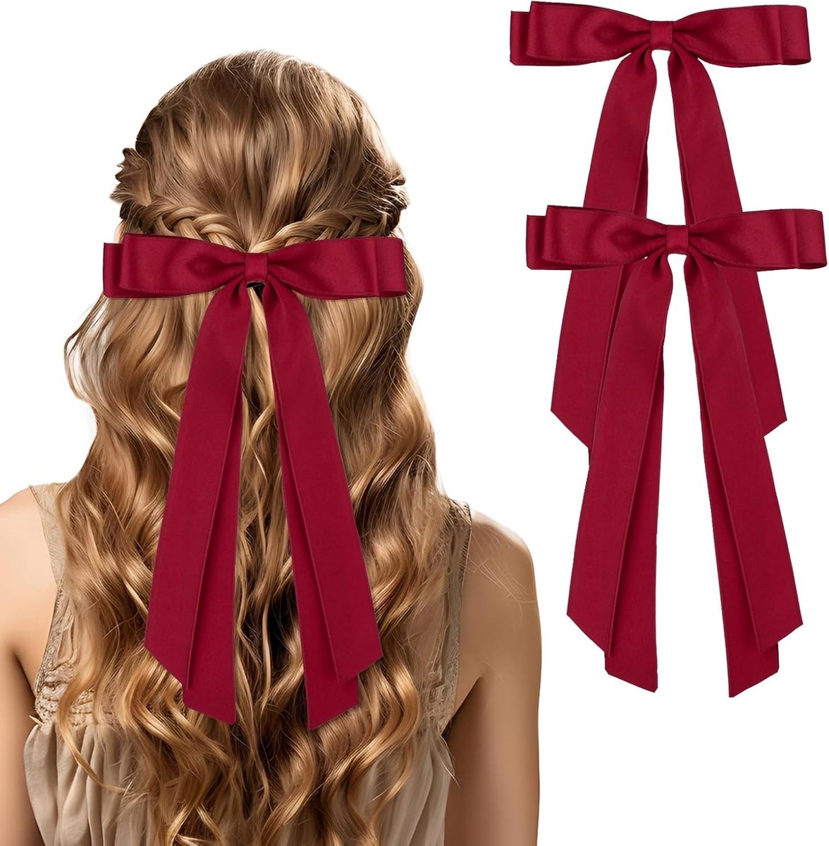 2 Stuks Grote Haarstrik Clips van Franse Stof - Zachte Satijnen Strikken voor Vrouwen en Meisjes - Perfect voor Kerst en Feestelijke Gelegenheden