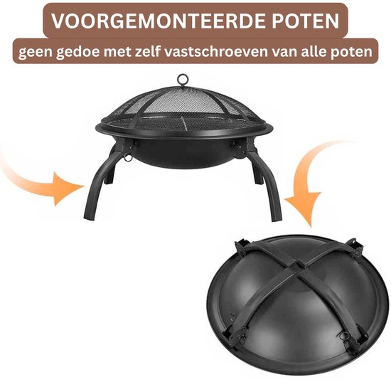 Zwarte vuurschaal met voorgemonteerde, inklapbare poten en een afneembaar deksel. "VOORGEMONTEERDE POTEN"