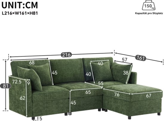 Groene L-vormige bank van 216x161x81 cm met verrijdbare poef en vier kussens.