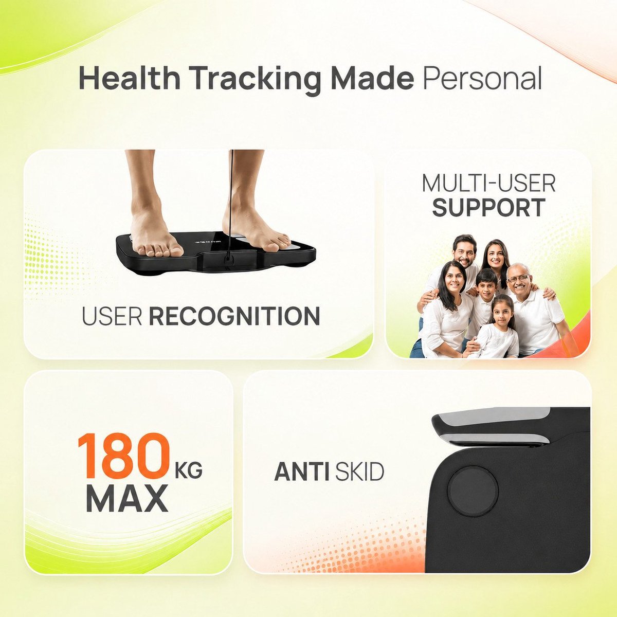 Slimme personenweegschaal met hand- en voetselektroden, 3,5 inch kleurendisplay, Bluetooth-app, 46 meetwaarden, tot 180 kg, 50 g nauwkeurigheid, segmentale lichaamsanalyse en oplaadbare batterij – voor fitness en gewichtsmanagement