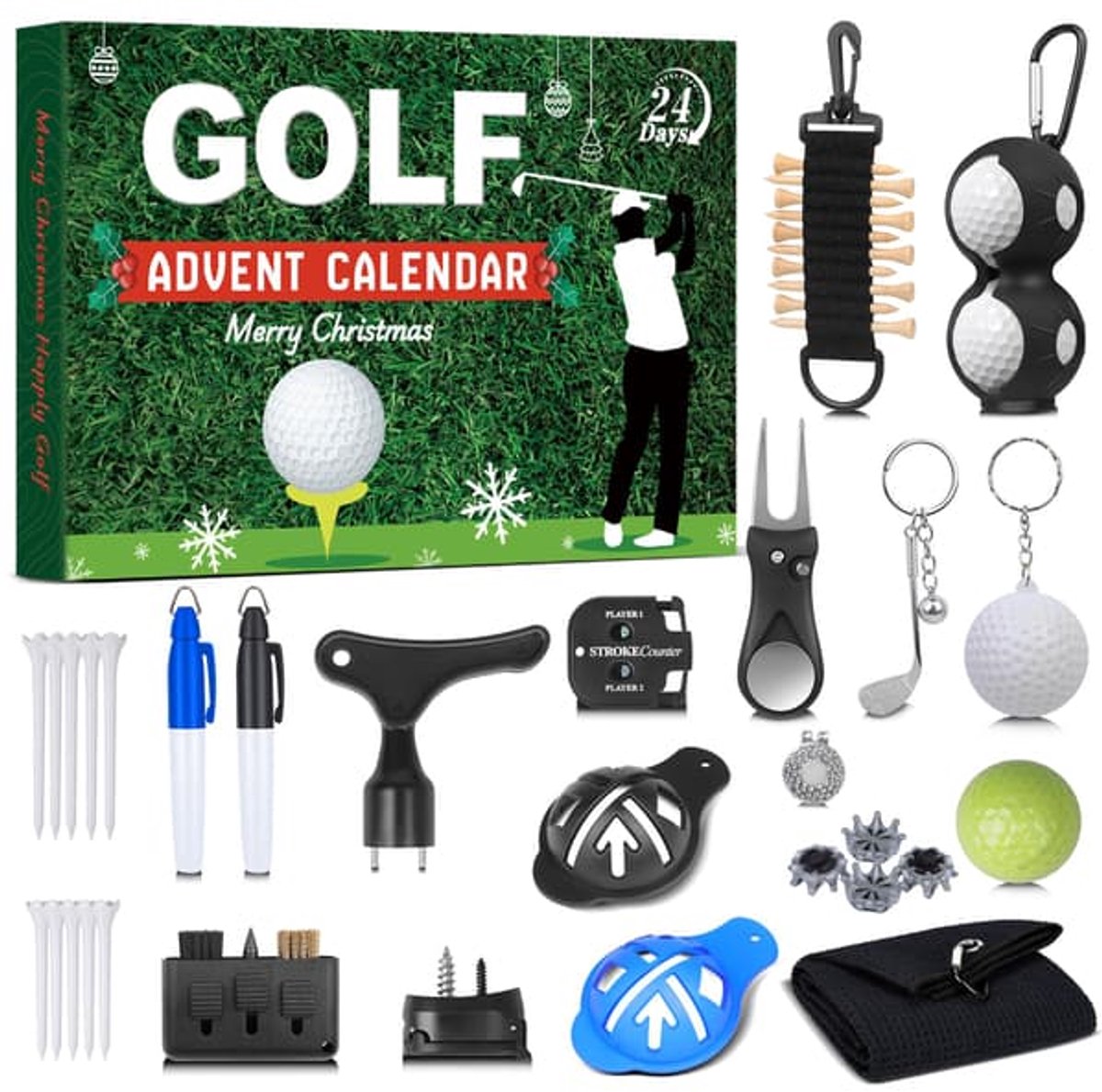 Golf Adventskalender - 24-daagse Adventskalender - Inclusief ballen, pinnen en markers - Geweldig kerstcadeau voor vaders, mannen en tieners