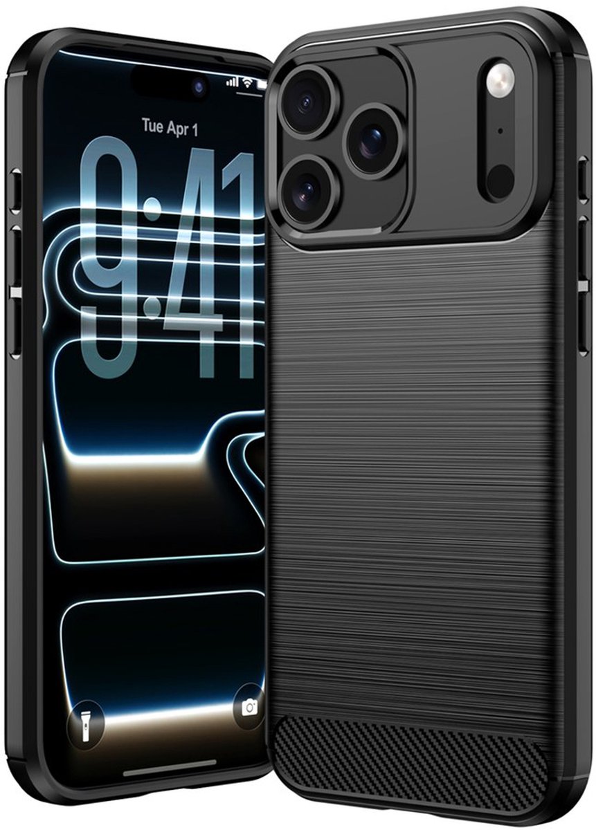 MobyDefend Hoesje - Geschikt voor iPhone 18 Pro Max - TPU Backcover - Geborstelde Metaal & Carbon-Look - Zwart