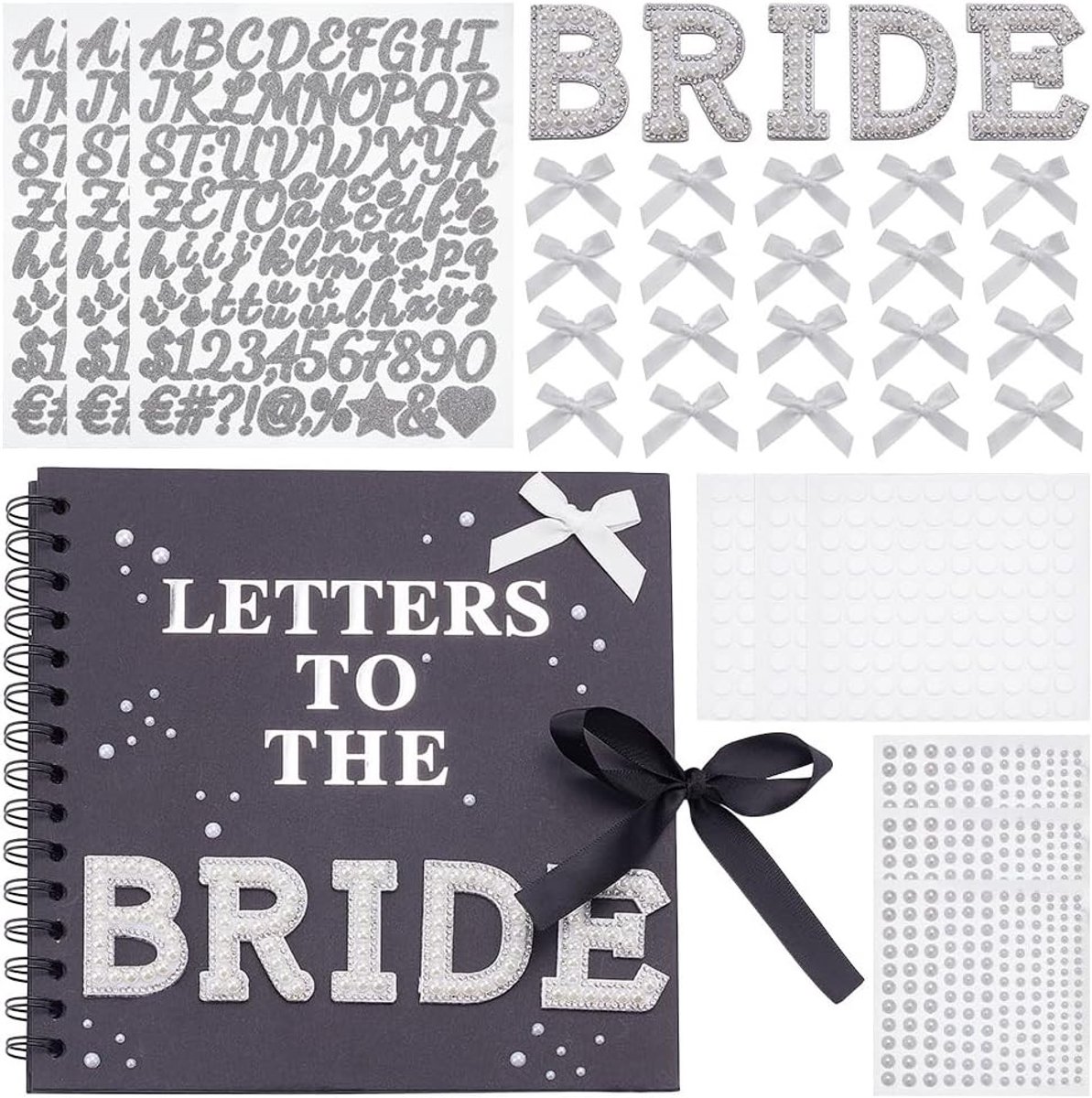 Letters voor de Bruid Scrapbook Trouwalbum DIY Herinneringen Boek met Kralen Stickers en Strikjes voor Huwelijk en Verjaardag, 8 inch in Zwart