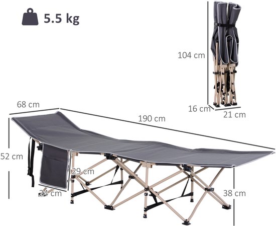Outsunny-Campingbett-Stahl, Oxfordstoff-190L x 68B x 52H cm-Grau van Outsunny — afbeelding 5