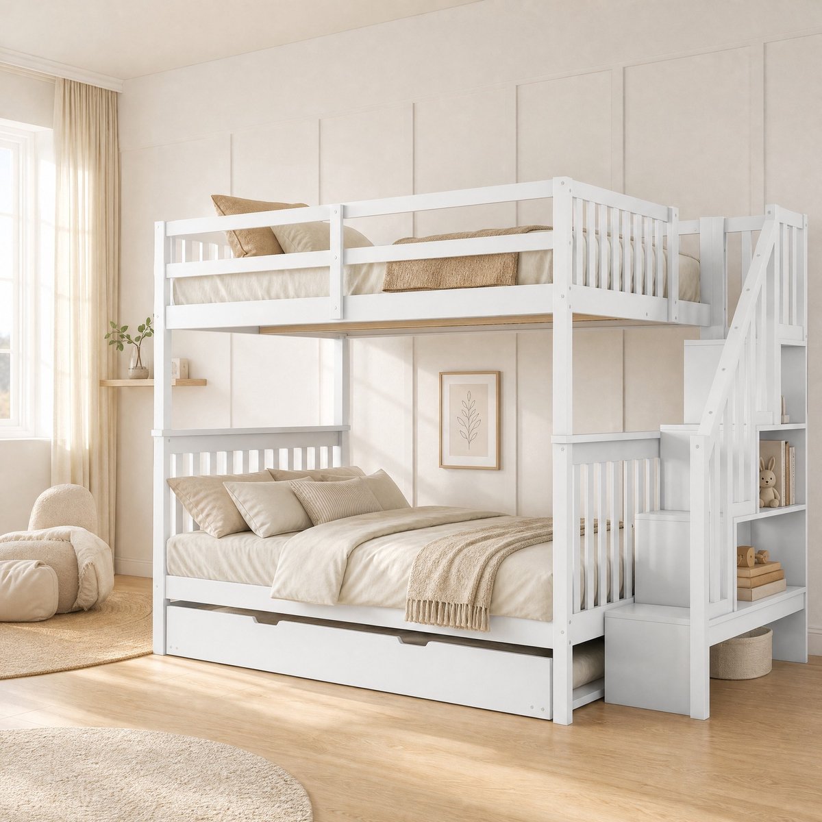 COVREO Stapelbed met uitneembaar rollbed – Kinderbed met trapopbergruimte – Voor kinderkamer en logeerplek – 240x147x160,5 cm – Wit - zonder matras