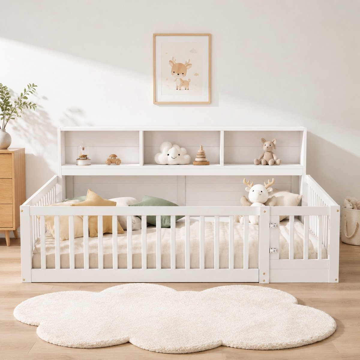 COVREO Dimeziek Dagseng 140x200cm Kindbed met opklapbare veiligheidshok en opbergkast - Tweepersoons - Wit - Hout & MDF
