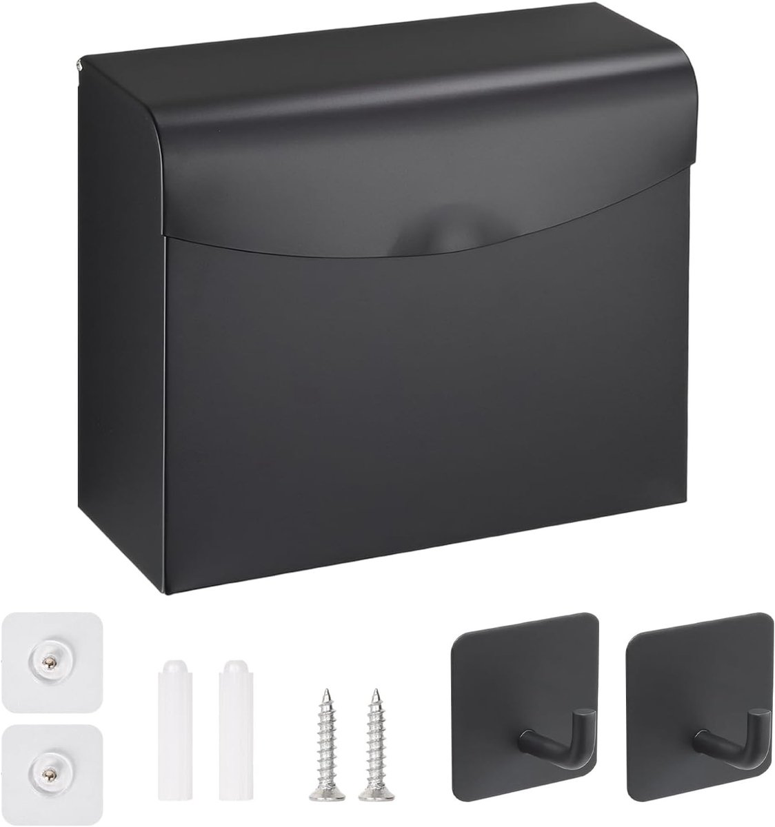 Zwarte RVS Toiletpapierhouder zonder Boren, Volledig Sluitende Toiletpapierbox met 2 Plakhaakjes voor Muurmontage, Ideaal voor Badkamer en Keuken