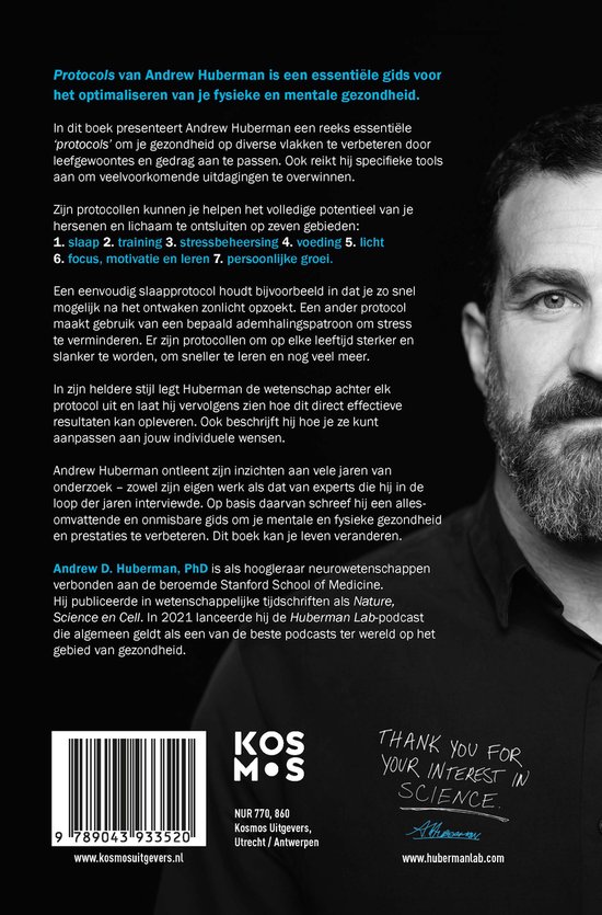 Boekomslag van "Protocols" van Andrew Huberman met zijn portret. De tekst is in het Nederlands.