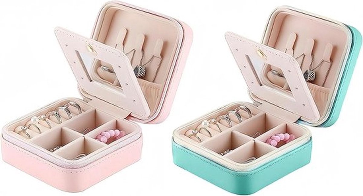 Kleine Juwelendoos met Spiegel voor Dames en Meisjes - Reis Juwelenopslag - Sieraden Organizer met Ruimte voor Ringen, Oorbellen en Kettingen