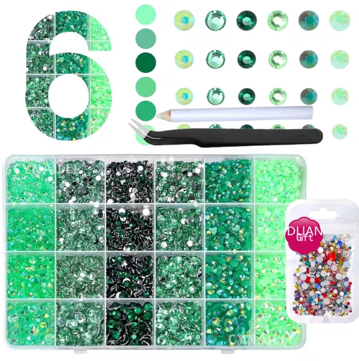 Currero Bedazzle Kit - Bedazzling - Plakstenen - Strass Steentjes - DIY Versieren - Set Met 16.000 Steentjes - Nagel Decoratie - Met Pincet En Applicator - 3/5mm - Groen