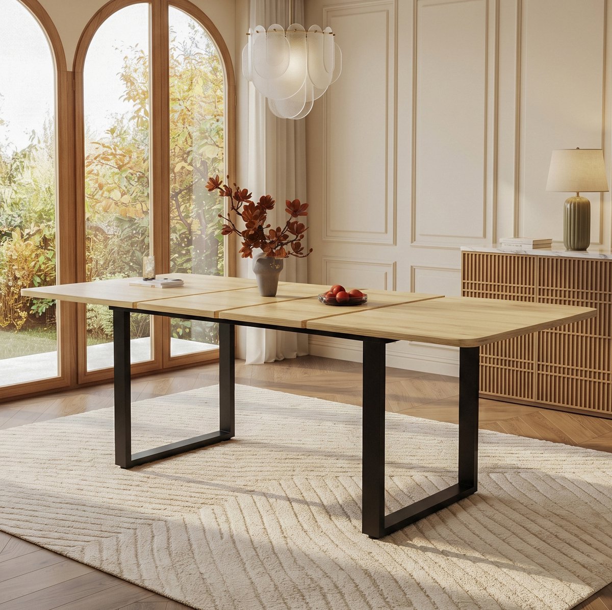Wishdor Uitbreidbare eettafel - 3 standen verstelbaar - Stabiele metalen poten - Modern minimalistisch - Eetkamer keuken - MDF - Natuurlijk - 220 x 80 x 75 cm