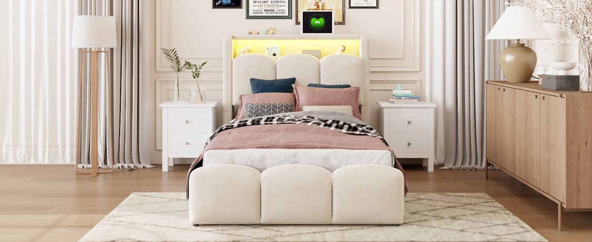 WUVRIE Gestoffeerd bed 90x200 cm met opbergruimte, LED, USB-C en fluwelen bekleding, beige
