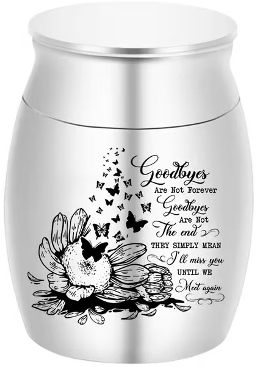 Mini urn,zilver met bloem,tekst,vlinders,metaal