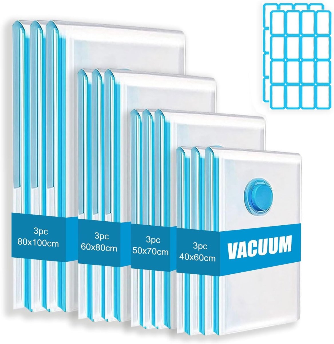 Vacuumzakken voor Kleding en Dekbedden met Kleine Plaklabels - Set van Diverse Maten (80x100 cm, 60x80 cm, 50x70 cm, 40x60 cm) voor Efficiënte Opslag en Ruimtebesparing