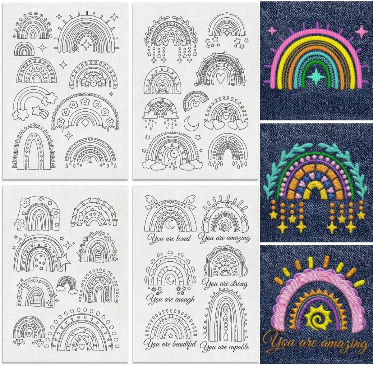 33 Stukken Cartoon Regenboog Borduurpatroon Stabilizer, Wateroplosbare Stick en Stitch Borduurstickers voor Handwerken, 4 Vellen DIY Borduurpapier