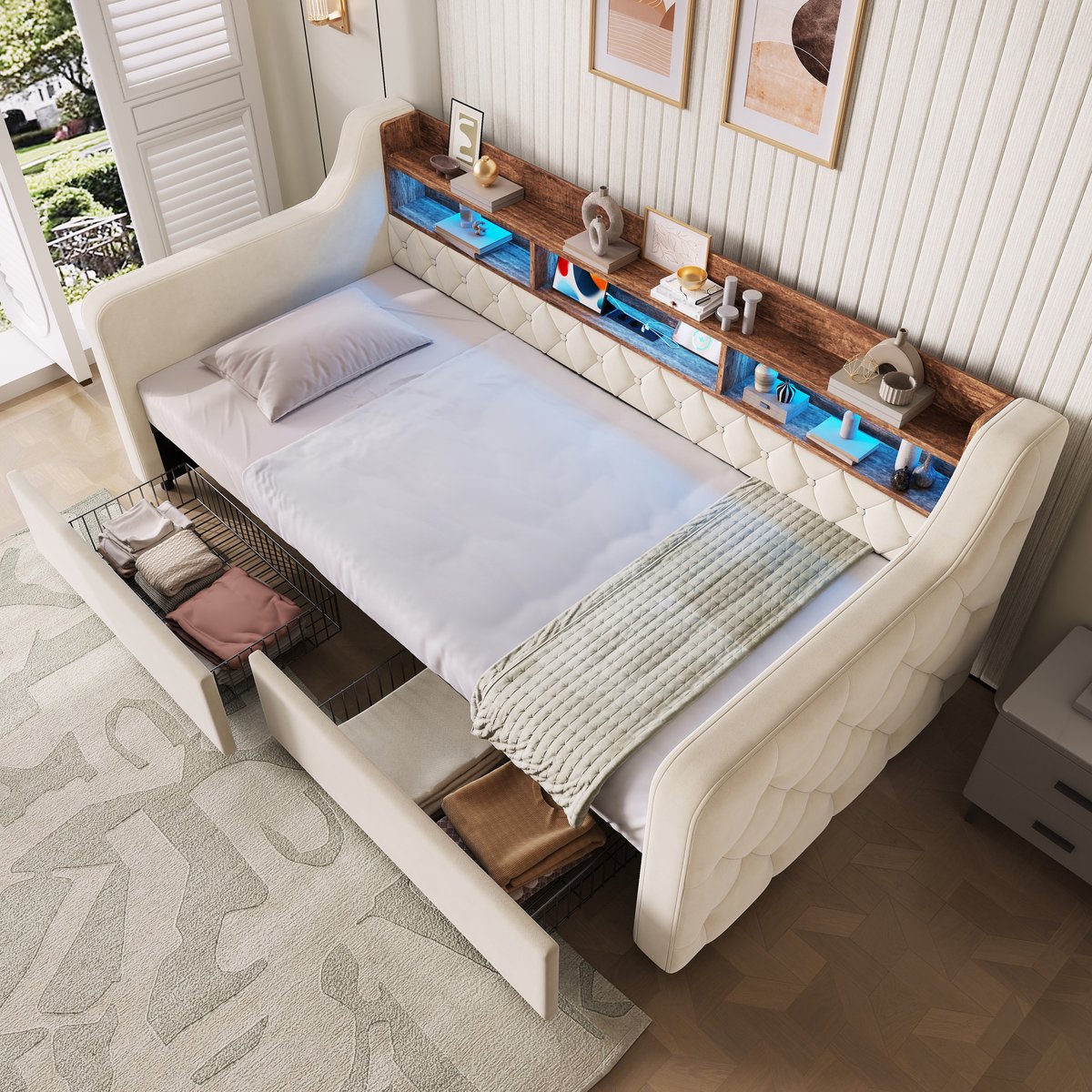 MIVRAY Gestoffeerd Bed 90x190 cm Zonder Matras Eenpersoonsbed met LED USB en Type C Oplaadfunctie en 2 Laden Fluweel Beige