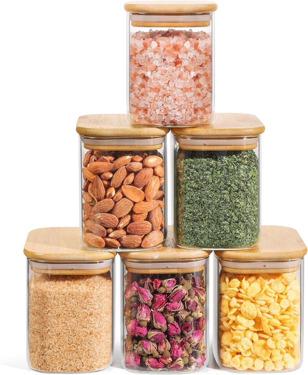 Glazen opbergpotten met bamboedeksel, 700 ml, set van 6, ideaal voor keukenorganisatie en voedselopslag