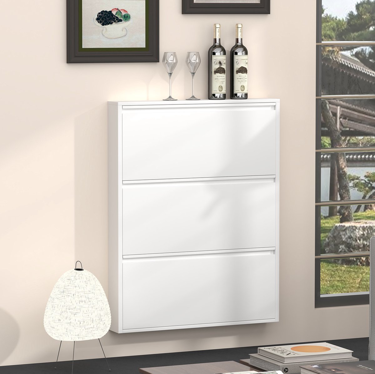 OKWISH Schoenenkast – Wandmontage – 3 Kleppen – Ruimtebesparend Voor Hal En Entree – Metaal Wit – 80×15,2×109,25 cm