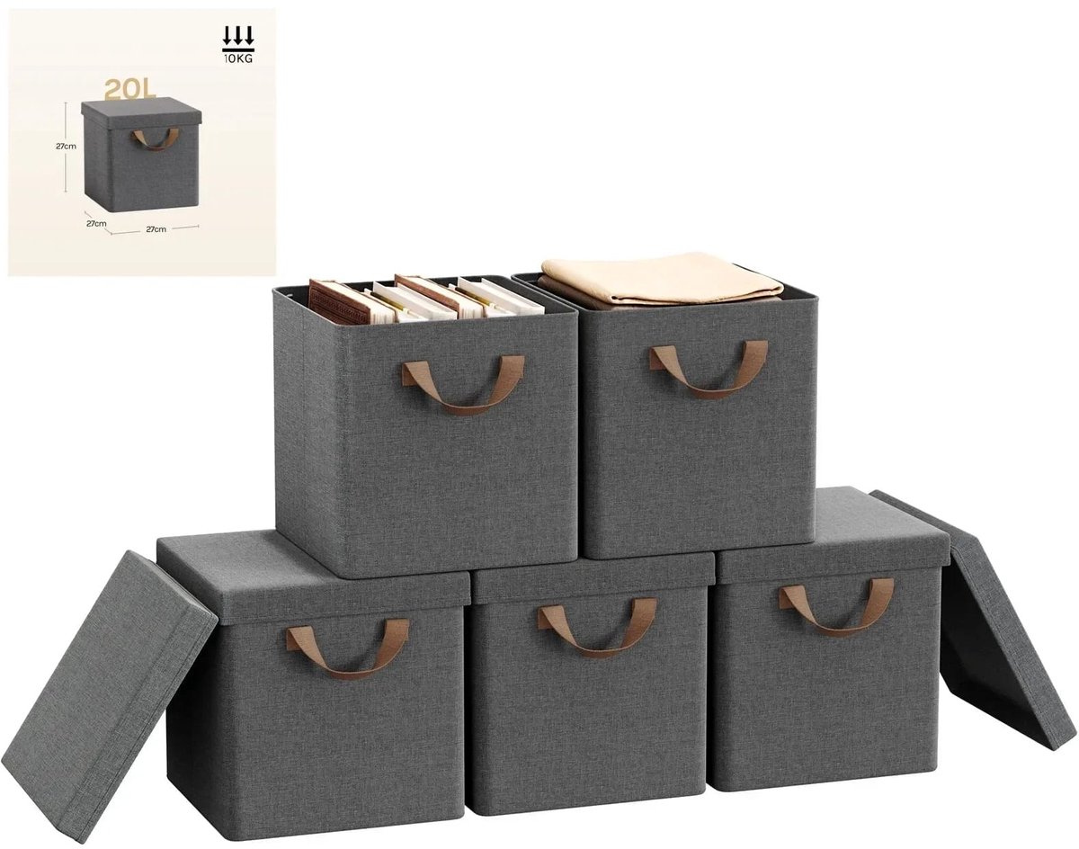 Klarven® Opbergboxen met Deksel Grijs 20l set van 5 - Opvouwbaar en Stofvrij, Ideaal voor Kleding Opbergen - Non-woven Stof - Set van 5 Stuks, 20 Liter per Stuk