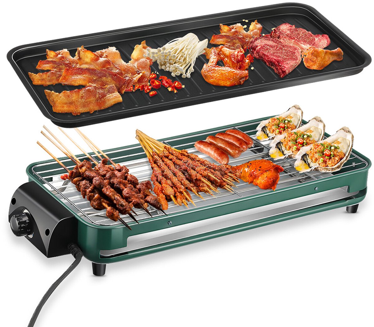 Tafelbarbecue - 2-in-1 elektrische grill - Dubbellaagse elektrische grillplaat - Binnenbarbecue - Ingebouwde rookafzuiging - Instelbare temperatuur - Inclusief 1 elektrische grillplaat, 1 grillpan, 1 grillrooster en 1 lekbak - 220V - 1500W - Blauw