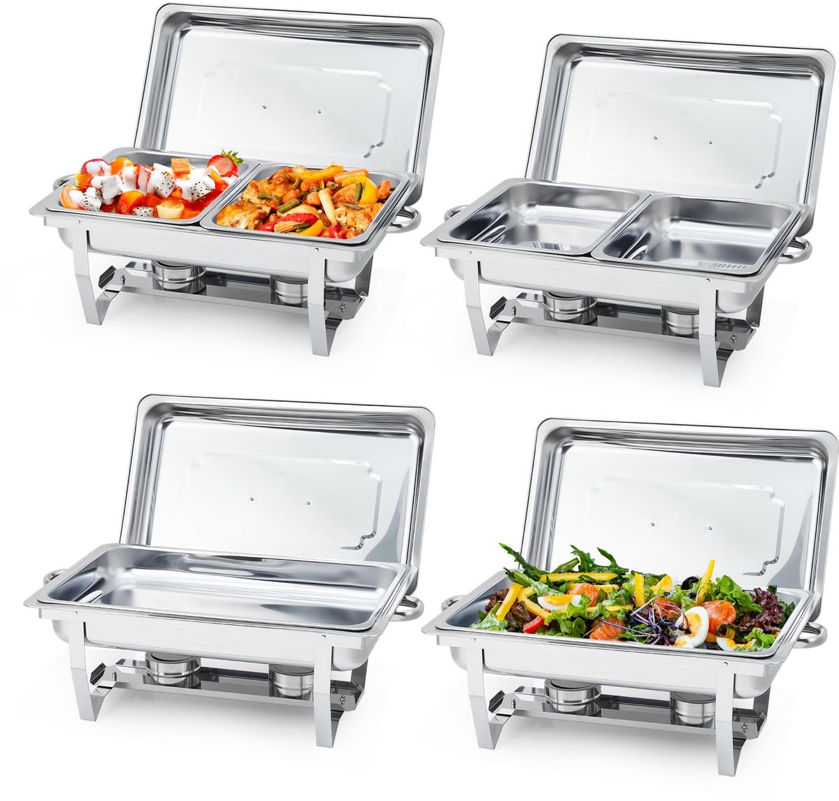 Triumpunpre - 8 QT RVS Warmhoudschaal Buffet Set - Rechthoekige Chafing Dish met Deksel - Pannen en Brandstofhouders - Eten Warmhouder voor Catering, Feesten en Bruiloften - 4 Sets Originele Kleur (2 Enkele cel + 2 Twee Vakken)