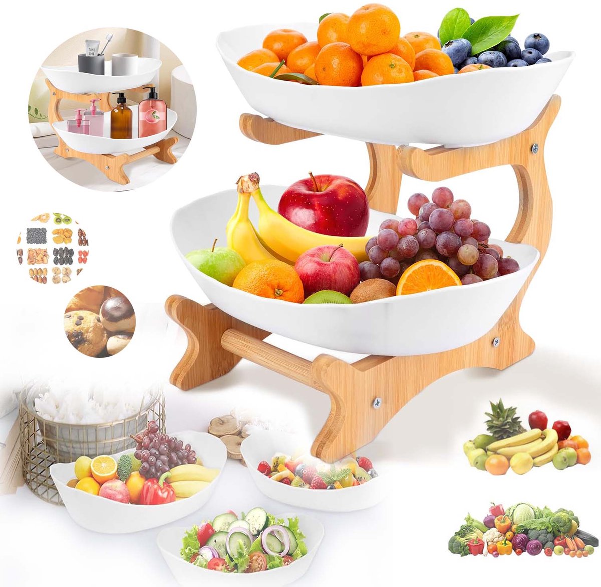Fruitschaal Met 2 Lagen, Fruithouder Set, Groenterek, Voor Het Bewaren Van Groenten, Snacks en Snoep in de Keuken.
