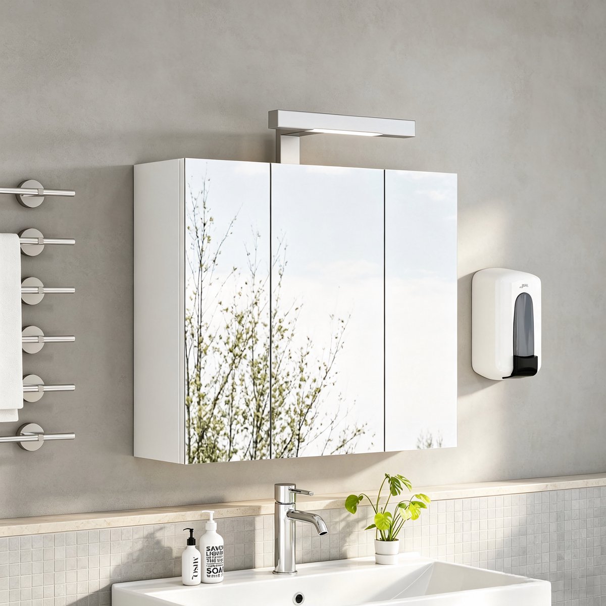 REDOM - 60cm witte wandmontierbare spiegelkast met 3 deuren, LED-verlichting & Schuko-stopcontact, verstelbare glazen bodemplanken, dempings scharnieren, montagevrije badkamerkast